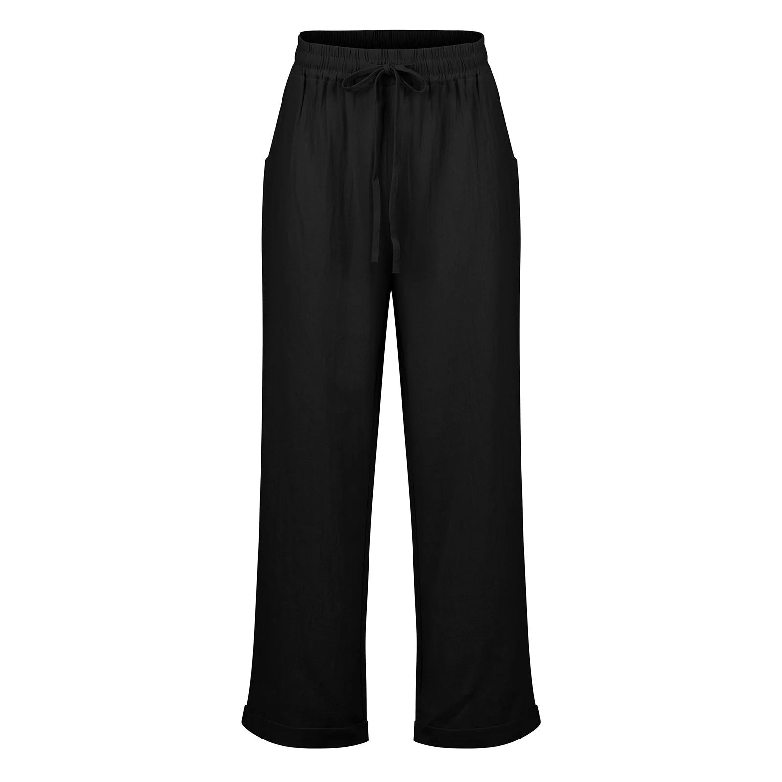 Schwarze Damenhose mit weitem Bein, elastischem Bund und Kordelzug. Perfekt für Freizeit und Büro. Bequeme, stilvolle Damenmode.