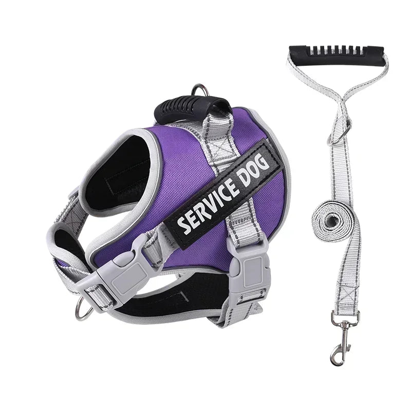Lila Servicehundegeschirr mit verstellbarem Gurt und Griff, ideal für Assistenzhunde. Robustes Design, reflektierende Streifen, bequem und sicher.
