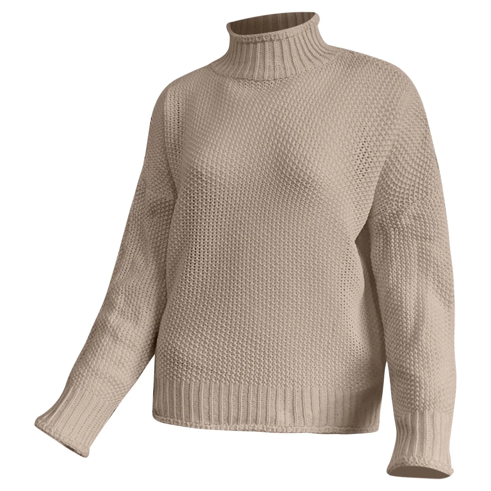 Beiger Strickpullover mit Rollkragen, Damenmode, weiches Material, lässiger Stil, ideal für Herbst und Winter, modischer Strick-Look.