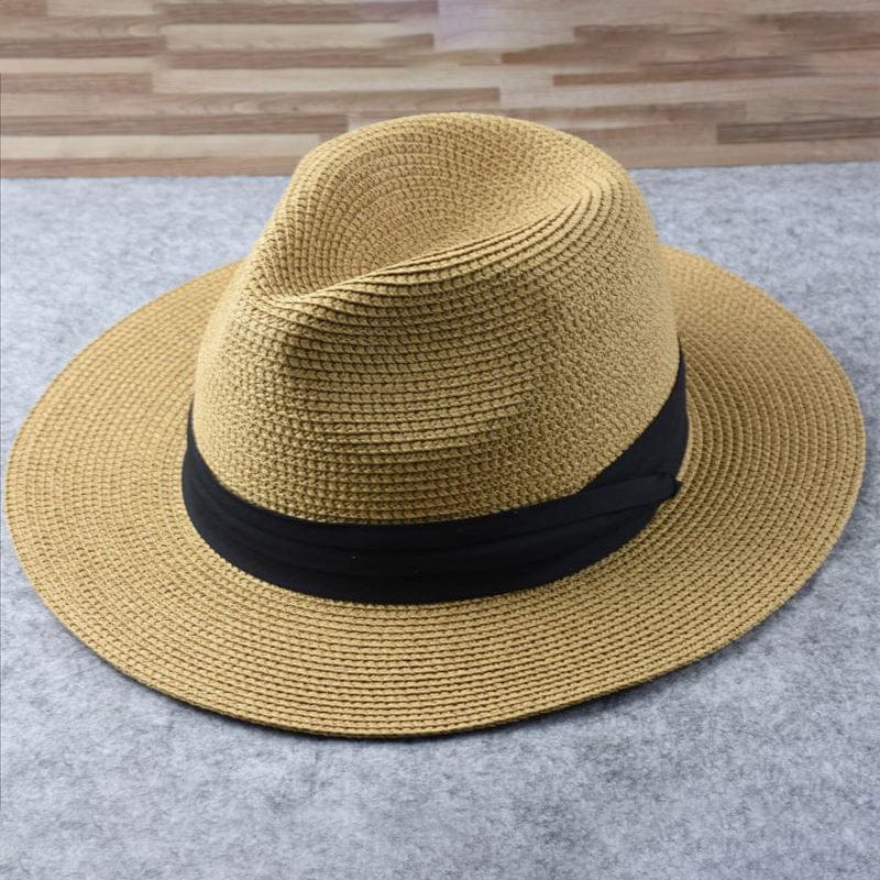 Strohhut mit schwarzem Band, Sommerhut, Unisex, modisch, beige, ideal für Strand und Freizeit.