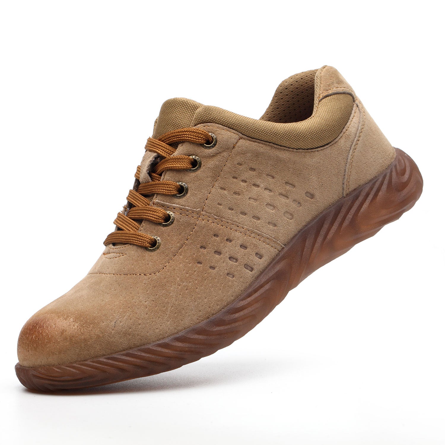 Beiger Herren-Sneaker mit braunen Schnürsenkeln, atmungsaktivem Obermaterial und rutschfester Sohle. Perfekt für Freizeit und Outdoor-Aktivitäten.