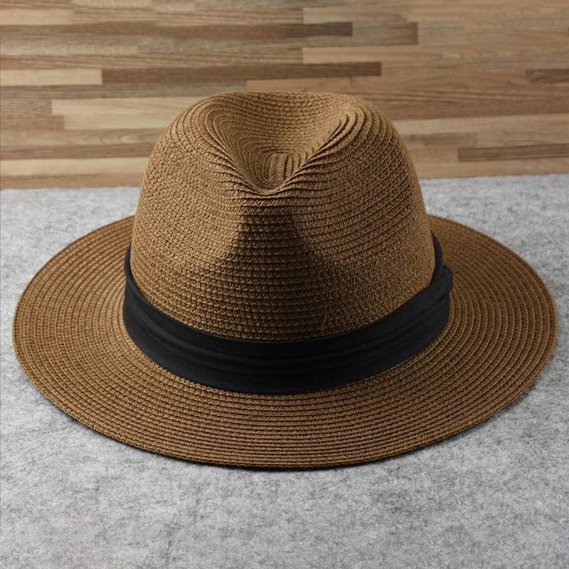Brauner Fedora-Hut aus Stroh mit schwarzem Band, stilvoller Sommerhut für Herren und Damen.