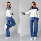 Damenmode-Set: Zweiteiliger Anzug in Blau und Weiß, bestehend aus Pullover und Hose. Bequem, stilvoll, ideal für Freizeit und Alltag.