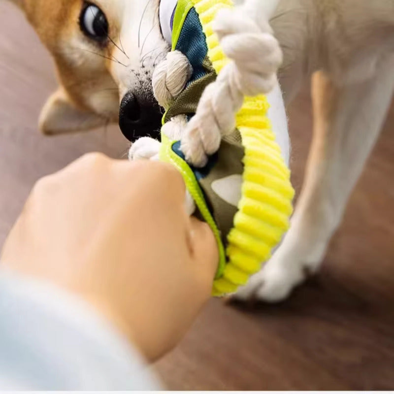 Hund spielt mit gelbem Kauspielzeug aus Seil und Stoff auf Holzboden.