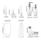 Transparente Reisebehälter-Set mit Spender, Trichter, Spatel und Flaschen, ideal für Kosmetik.