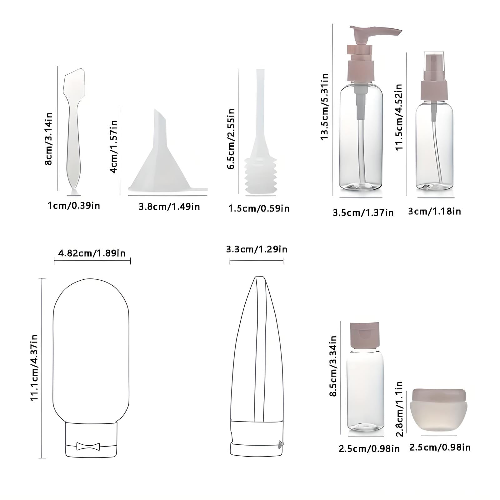 Transparente Reisebehälter-Set mit Spender, Trichter, Spatel und Flaschen, ideal für Kosmetik.