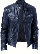 Dunkelblaue Lederjacke für Herren, stilvoll und modern, mit Reißverschluss und Stehkragen. Perfekt für Freizeit und urbane Mode.
