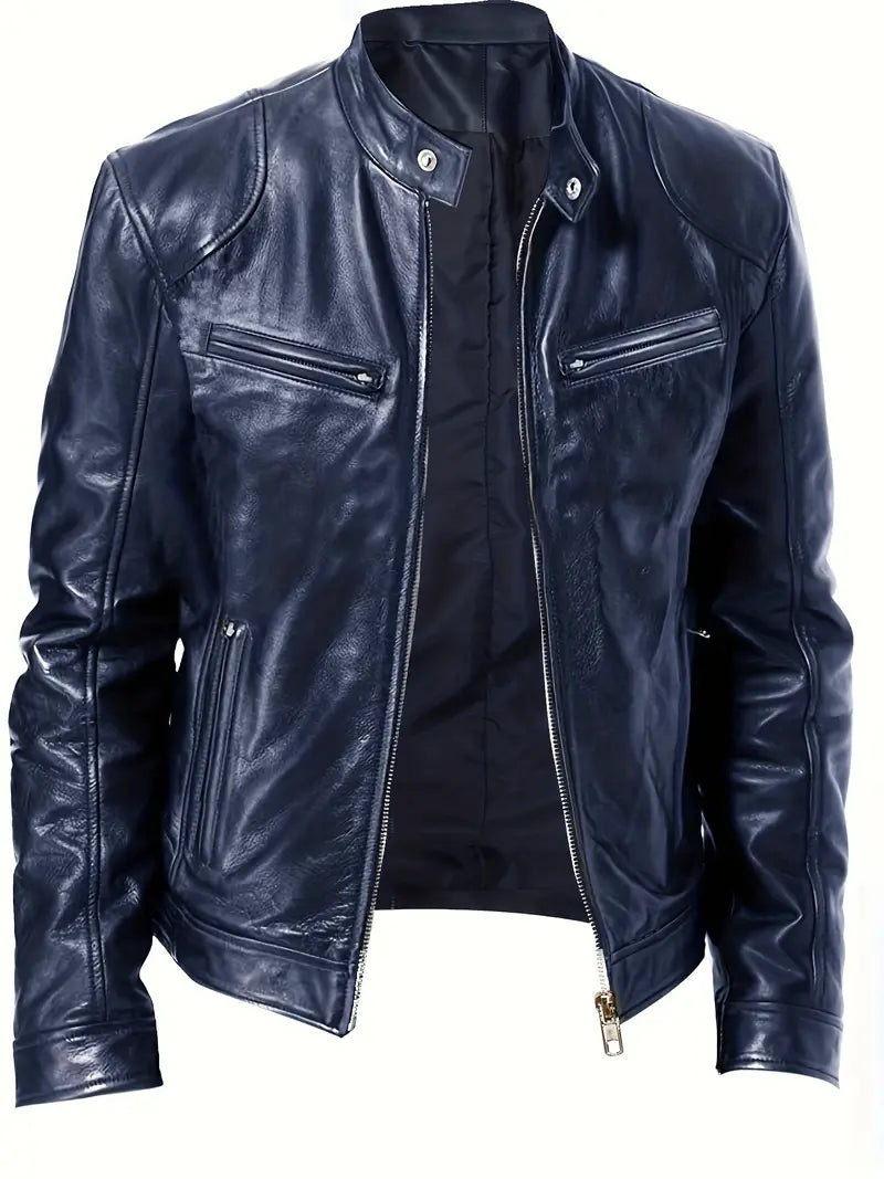 Dunkelblaue Lederjacke für Herren, stilvoll und modern, mit Reißverschluss und Stehkragen. Perfekt für Freizeit und urbane Mode.