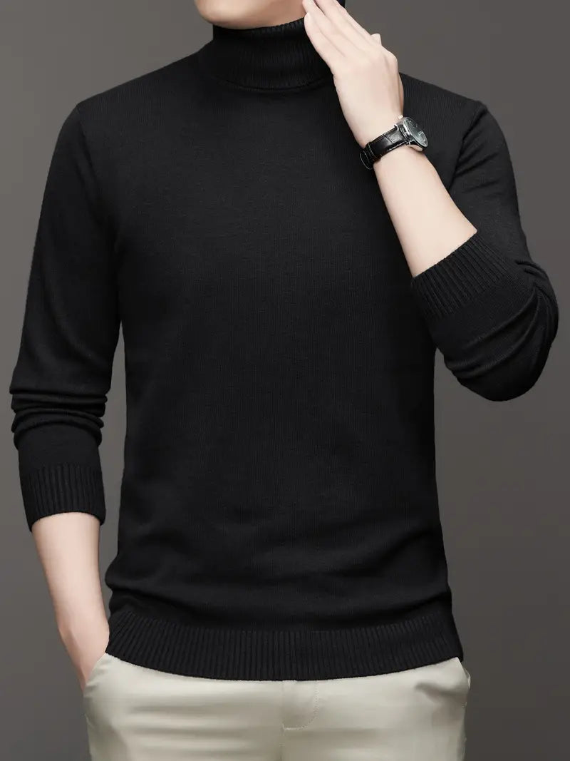 Schwarzer Rollkragenpullover für Herren, elegant und zeitlos, ideal für Herbst und Winter. Hochwertige Strickmode, vielseitig kombinierbar.
