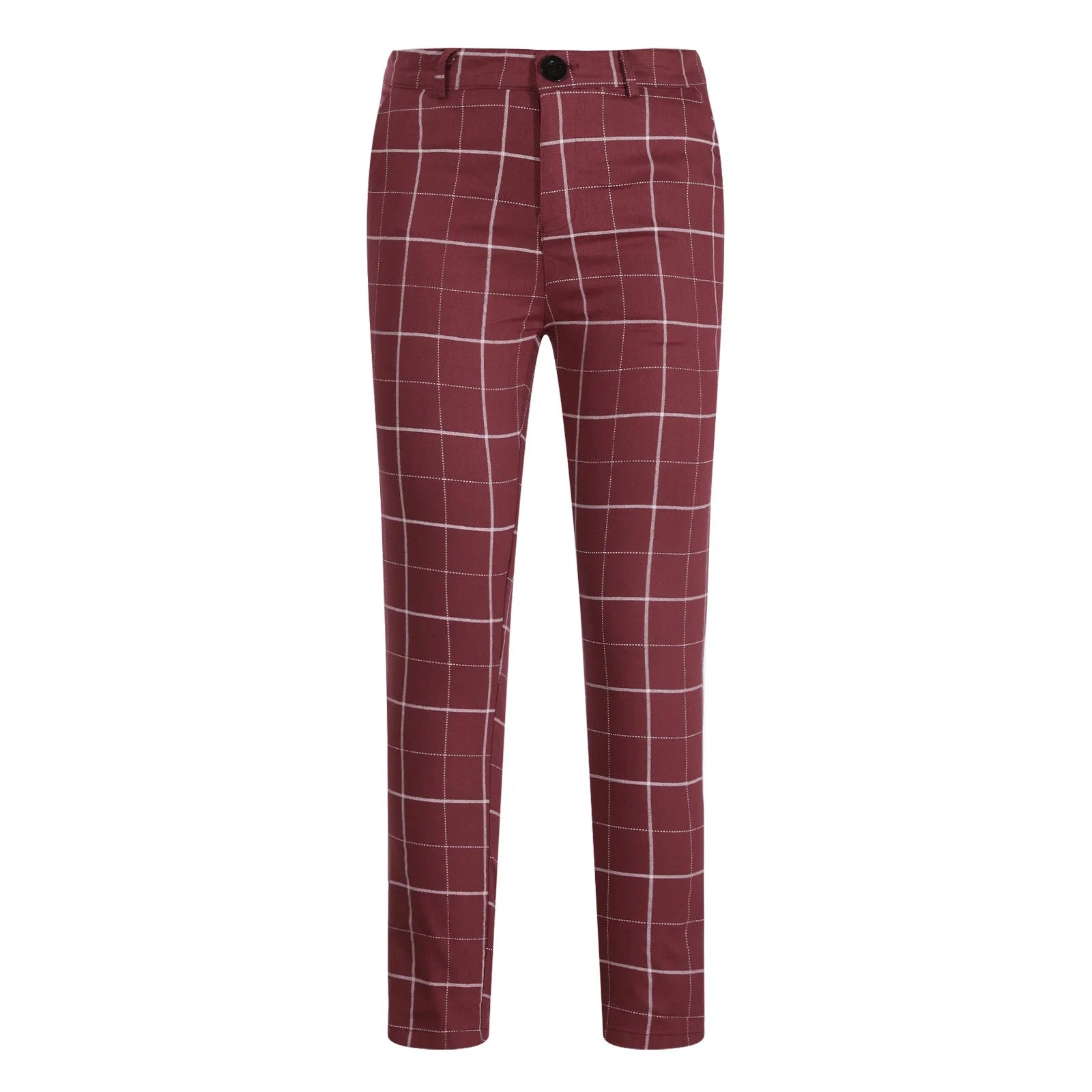 Bordeaux karierte Hose, Herrenmode, Baumwolle, Slim Fit, kariertes Muster, stilvoll, elegant.