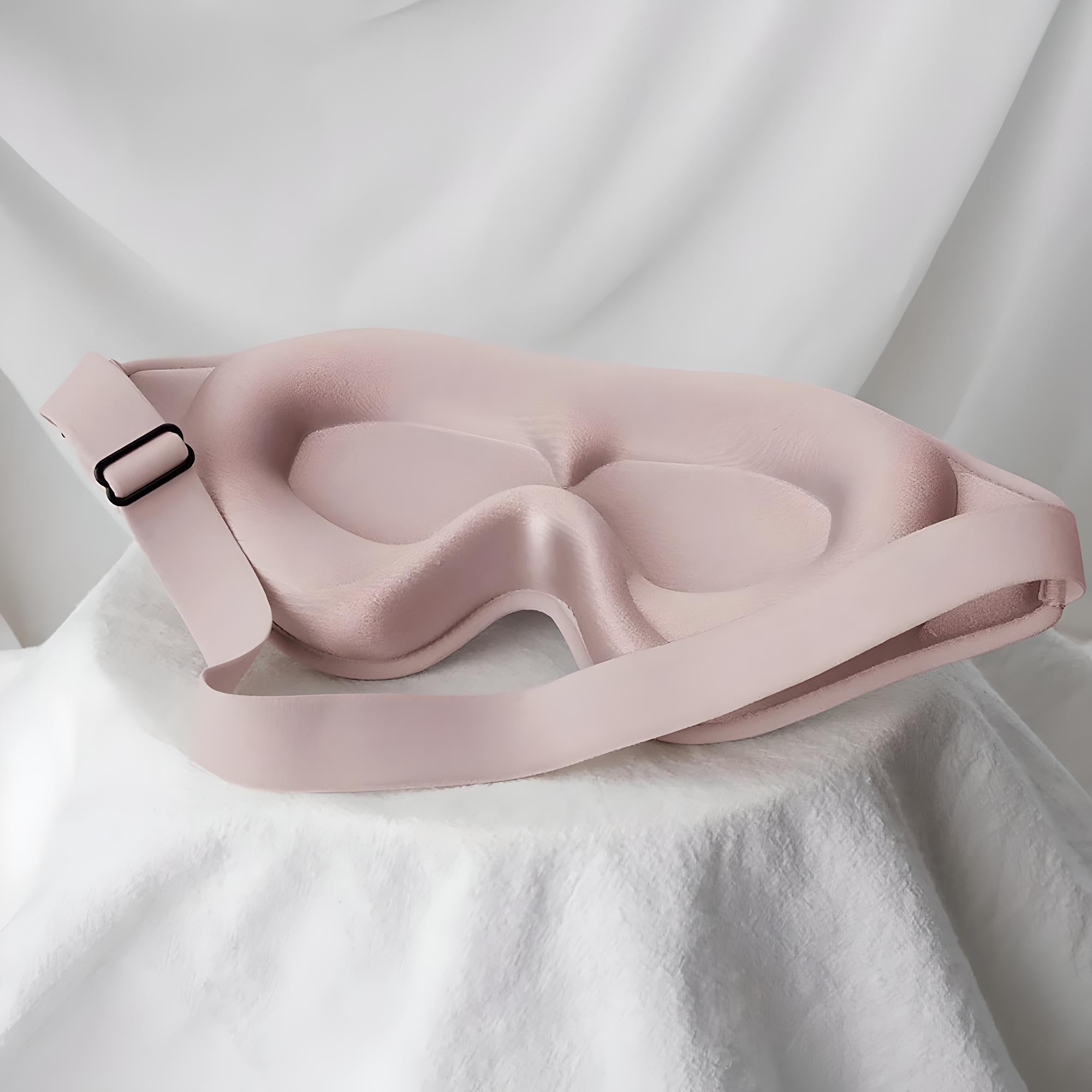 Beige Schlafmaske aus Memory-Schaum, verstellbar, ergonomisch, für besseren Schlaf.