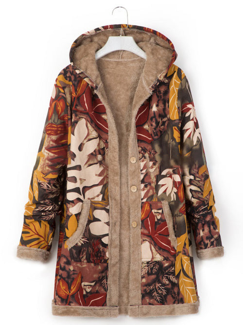 Damenmantel mit Kapuze, Herbstblätter-Design, warmes Futter, modisch, bequem, ideal für Herbst und Winter, stilvoller Look, vielseitig tragbar.