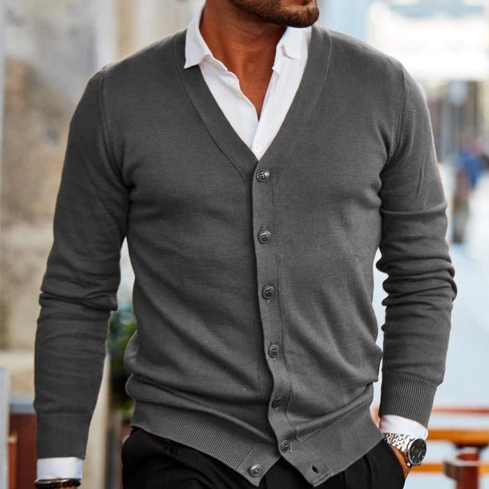 Eleganter grauer Herren-Cardigan aus Baumwolle, perfekt für Business- und Freizeitoutfits. Stilvoller V-Ausschnitt, ideal für Herbstmode.