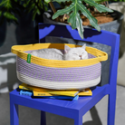 Katzenbett aus geflochtenem Korb, gelb-lila, auf blauem Stuhl, gemütlich, für Haustiere.