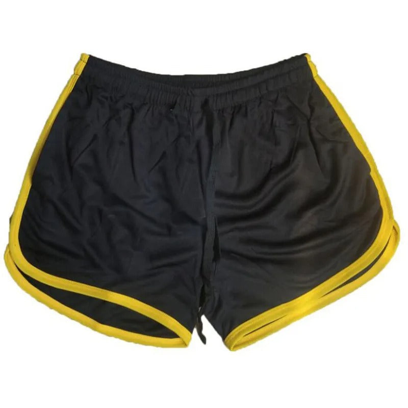Schwarze Sportshorts mit gelbem Rand, atmungsaktiv, ideal für Fitness und Laufen.