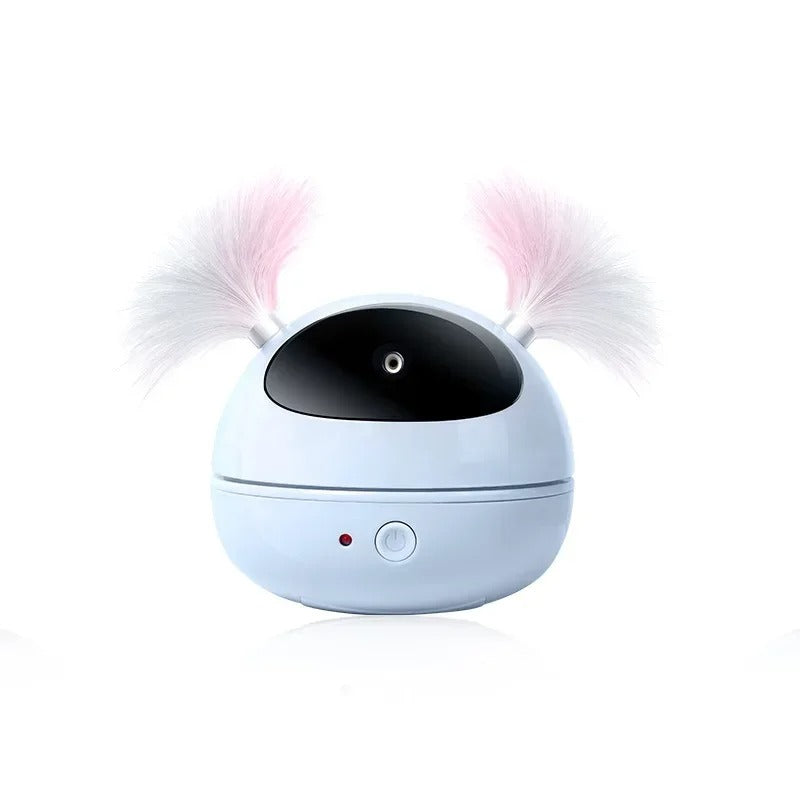 Weißer Luftbefeuchter mit rosa Federn, rundes Design, USB-betrieben, modernes Raumklima-Gerät.