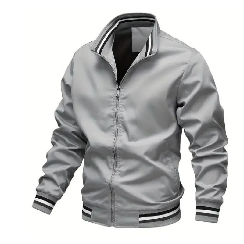 Graue Herren-Bomberjacke mit Reißverschluss, gestreiftem Kragen und Bündchen. Modische Übergangsjacke, ideal für Freizeit und Sport.