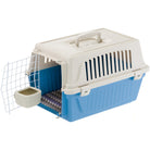 Blaue Transportbox für Haustiere mit Gittertür und Fressnapf, ideal für Katzen und kleine Hunde. Robuste Kunststoffkonstruktion.