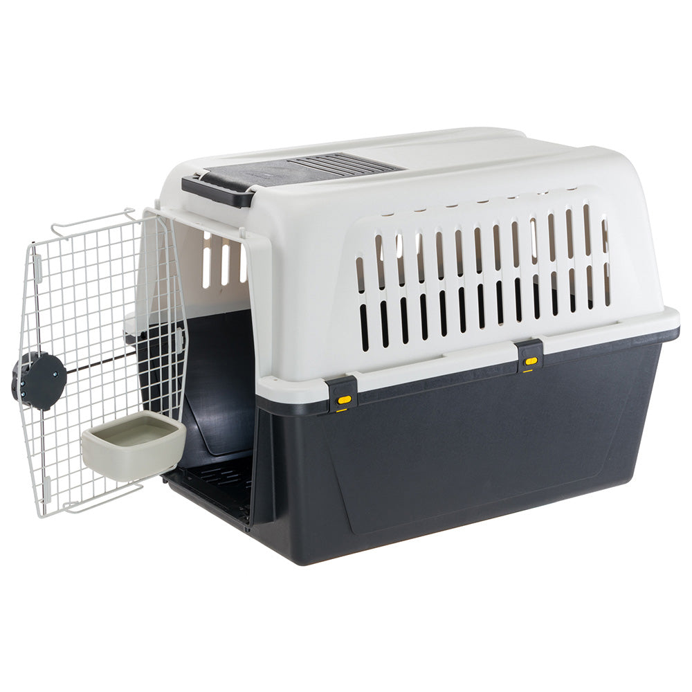 Transportbox für Haustiere, robust und sicher, ideal für Reisen. Belüftungsschlitze, Metalltür, integrierter Futterbehälter. Perfekt für Hunde und Katzen.