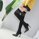 Damen Overknee-Stiefel mit Strass, elegantes Design, hoher Absatz, ideal für modische Outfits, perfekt für Herbst- und Wintertrends.