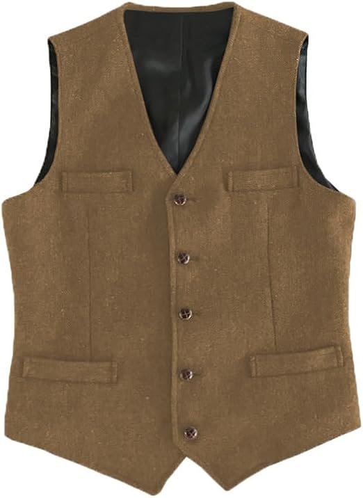 Braune Herrenweste aus Wolle, ärmellos, mit Knöpfen, klassisches Design, elegante Herrenmode.