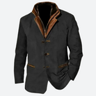 Eleganter schwarzer Herrenblazer mit braunen Lederakzenten, ideal für formelle Anlässe. Hochwertige Jacke, stilvoll und modern.