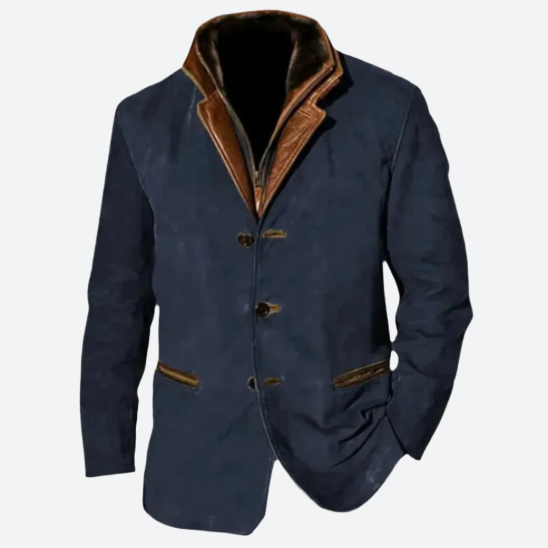 Eleganter Herrenblazer aus dunkelblauem Stoff mit braunen Lederakzenten, ideal für stilvolle Anlässe. Perfekte Kombination aus Komfort und Mode.