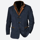 Eleganter Herrenblazer aus dunkelblauem Stoff mit braunen Lederakzenten, ideal für stilvolle Anlässe. Perfekte Kombination aus Komfort und Mode.