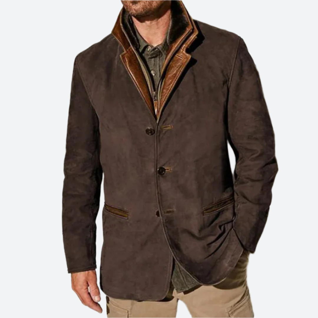 Herren Wildlederjacke in Dunkelbraun, stilvoll und elegant, ideal für Herbstmode. Perfekt kombinierbar mit Freizeit- und Business-Outfits.