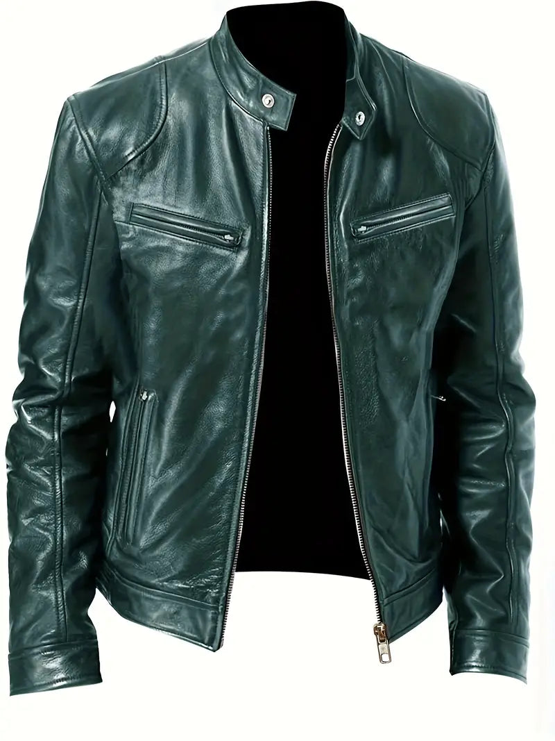 Grüne Lederjacke für Herren, stilvoll und modern, mit Reißverschluss und Stehkragen. Perfekt für modebewusste Männer. Hochwertige Herrenmode.