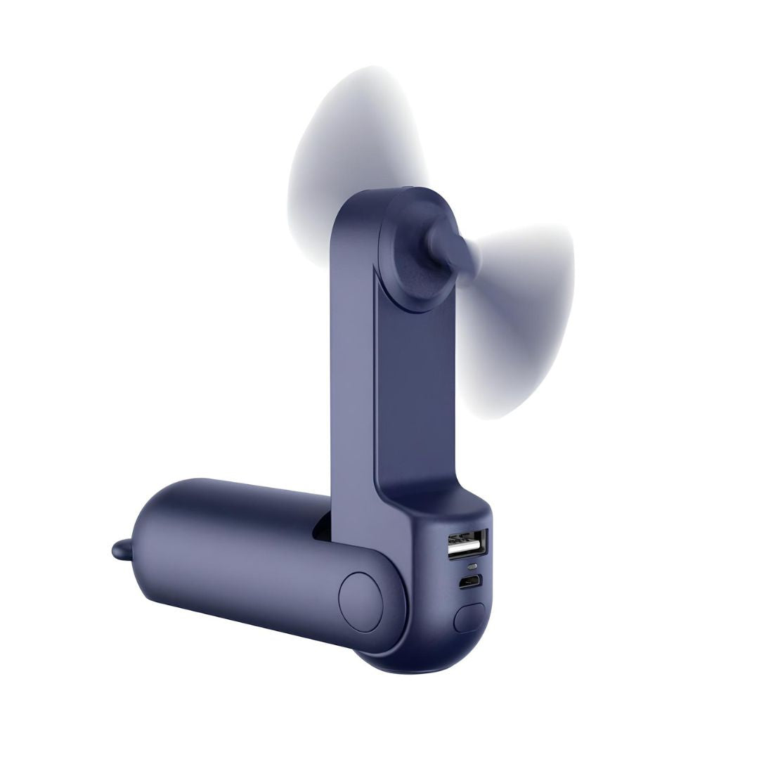 Tragbarer blauer USB-Ventilator, kompakt, wiederaufladbar, ideal für Reisen und Büro.