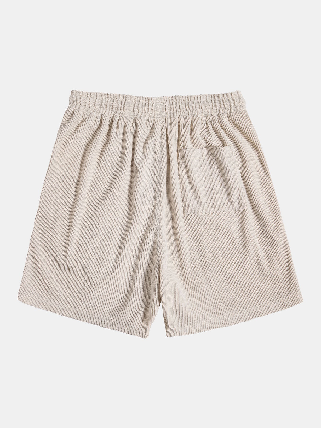 Beige gestreifte Shorts aus Baumwolle mit elastischem Bund und Gesäßtasche, ideal für Sommermode und Freizeitkleidung.