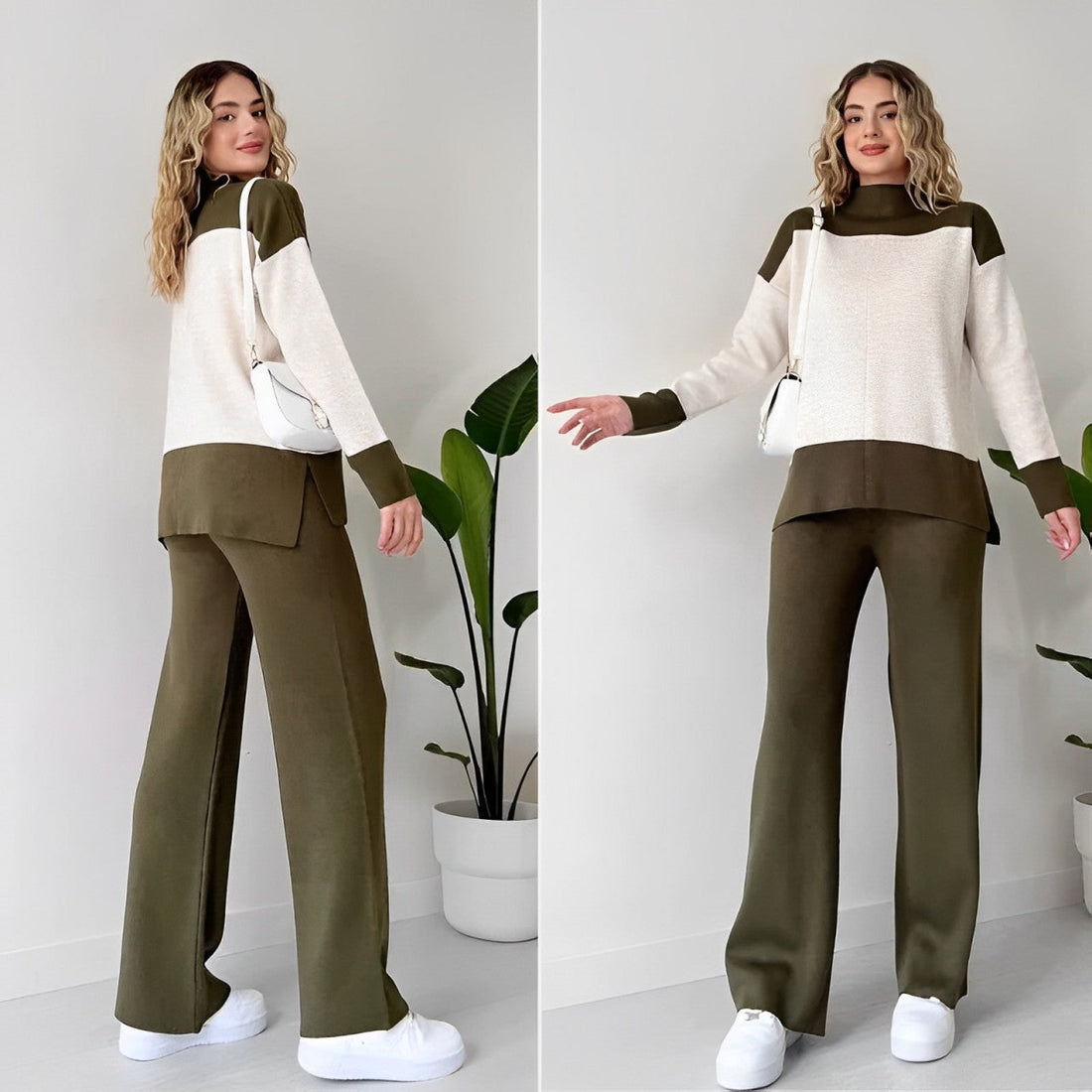 Damen-Outfit: Zweiteiliger Anzug in Olivgrün und Creme, lässig-elegant, ideal für Herbstmode. Perfekt kombiniert mit weißen Sneakers.