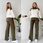 Damen-Outfit: Zweiteiliger Anzug in Olivgrün und Creme, lässig-elegant, ideal für Herbstmode. Perfekt kombiniert mit weißen Sneakers.