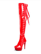 Roter Lack-Overknee-Stiefel mit Plateau und Schnürung, hoher Absatz, modisch, auffällig, ideal für Partys und besondere Anlässe.