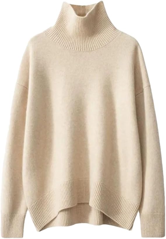 Beiger Rollkragenpullover aus Kaschmir, oversized Design, weiches Material, ideal für Herbst und Winter, modischer Strickpullover für Damen.