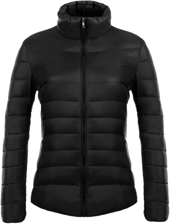 Schwarze Damen-Daunenjacke, leicht und warm, ideal für Wintermode. Perfekt für Outdoor-Aktivitäten, stilvoll und funktional.