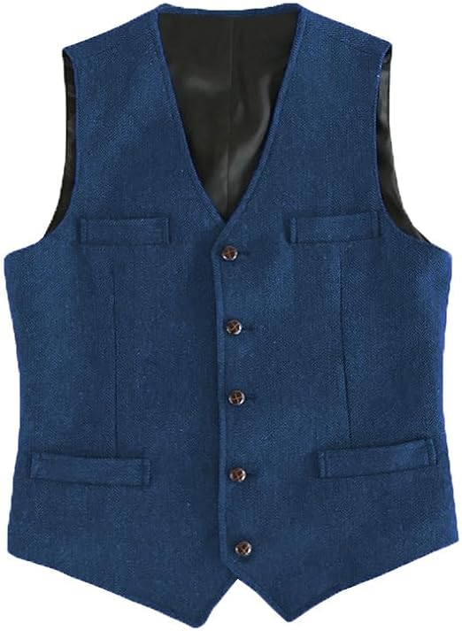 Blaue Herrenweste aus Tweed mit Knöpfen, elegantes Design, ärmellos, formelle Kleidung.