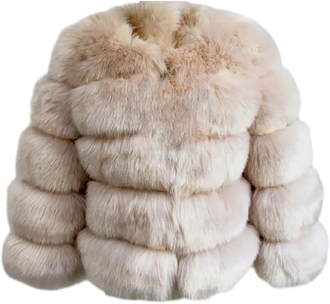 Luxuriöse Damen-Felljacke aus Kunstpelz, beige, warm und stilvoll, ideal für Wintermode. Perfekt für elegante Anlässe und trendige Outfits.