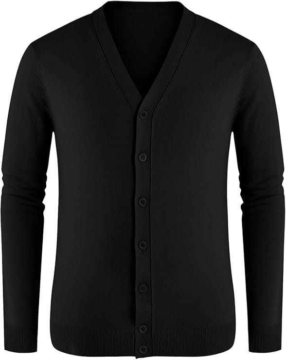 Schwarzer Herren-Cardigan mit V-Ausschnitt, Knopfleiste und langen Ärmeln. Perfekt für elegante und lässige Outfits. Hochwertige Strickmode.
