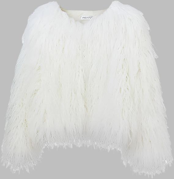 Weiße Kunstpelzjacke für Damen, flauschig und modisch, ideal für Wintermode. Luxuriöses Design, warm und stilvoll. Perfekt für elegante Outfits.