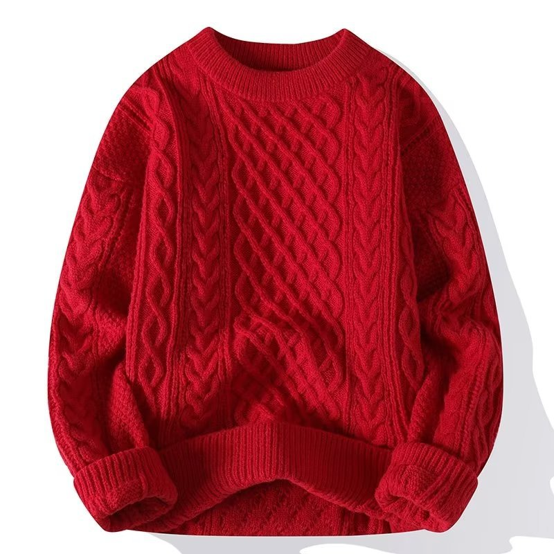Roter Strickpullover mit Zopfmuster, Rundhalsausschnitt und langen Ärmeln. Perfekt für Herbstmode, gemütlich und stilvoll.