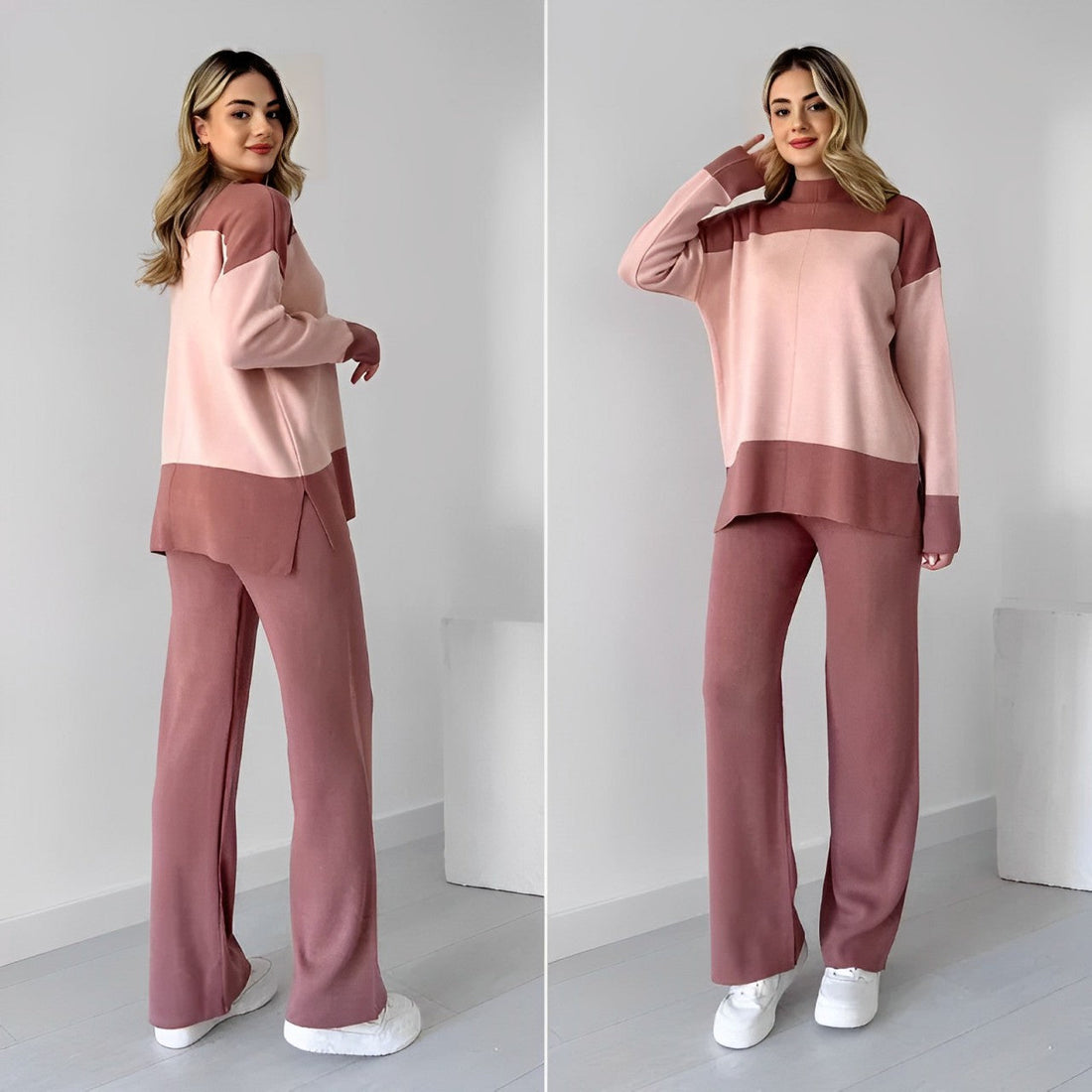 Damen Zweiteiler Set in Rosa, bestehend aus Pullover und Hose. Bequemes Lounge-Outfit, ideal für Freizeit und Entspannung. Modetrend 2023.