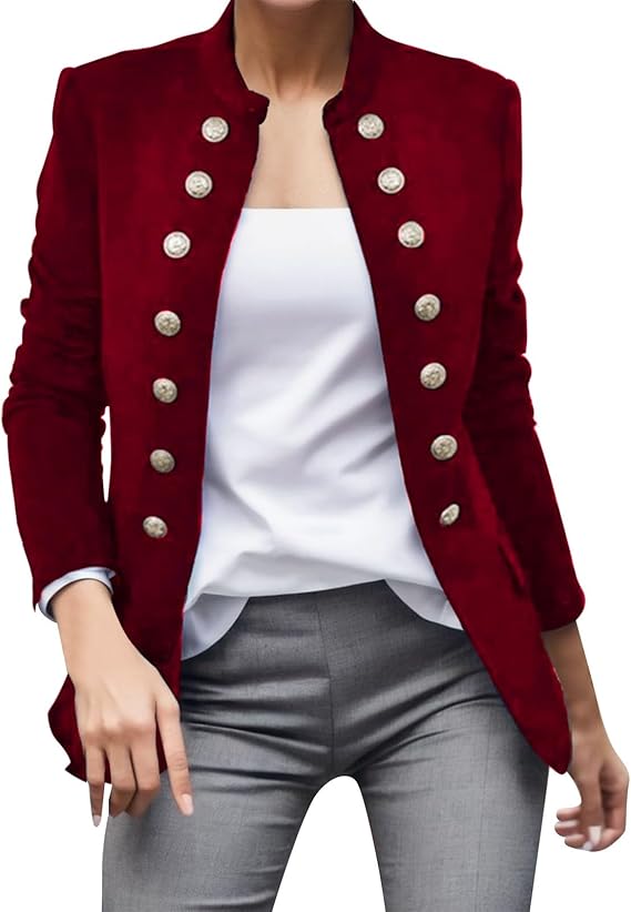 Eleganter roter Blazer mit goldenen Knöpfen, Damenmode, stilvoller Business-Look, ideal für Büro und Freizeit, modische Jacke, hochwertig.