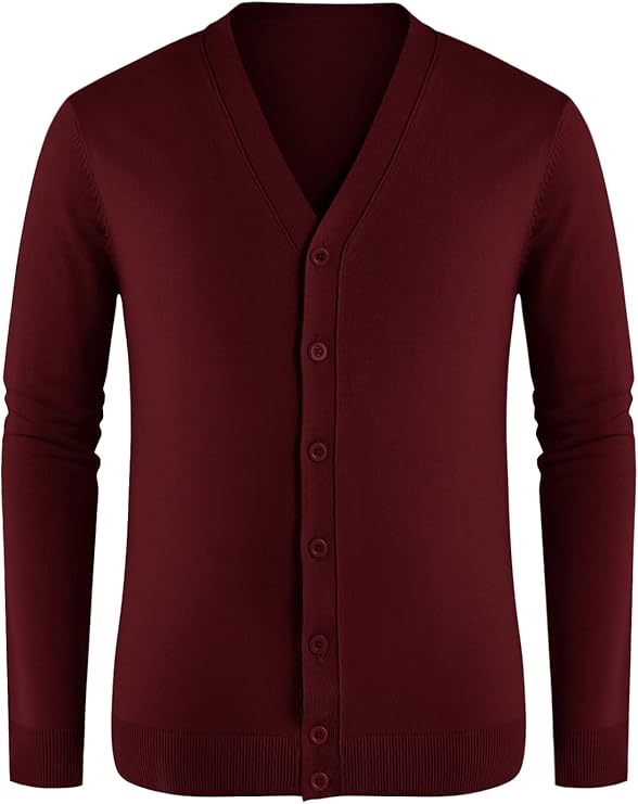 Bordeauxrote Strickjacke für Herren, V-Ausschnitt, Knopfleiste, langärmlig. Perfekt für Herbstmode, elegant und vielseitig kombinierbar.