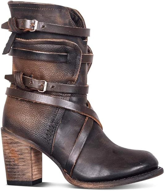 Damenstiefelette aus Leder, Vintage-Look, mit Blockabsatz und Schnallen, ideal für Herbstmode. Robuste, stilvolle Boots für Damen.