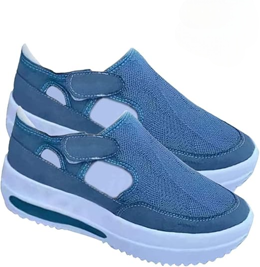 Blaue Damen-Sneaker mit Klettverschluss, atmungsaktivem Mesh-Obermaterial und rutschfester Sohle. Bequeme Freizeitschuhe für Alltag und Sport.