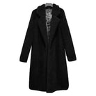 Schwarzer Damen-Teddy-Mantel, lang, mit Reverskragen, warmes Winterdesign, modisch und elegant, ideal für kalte Tage.