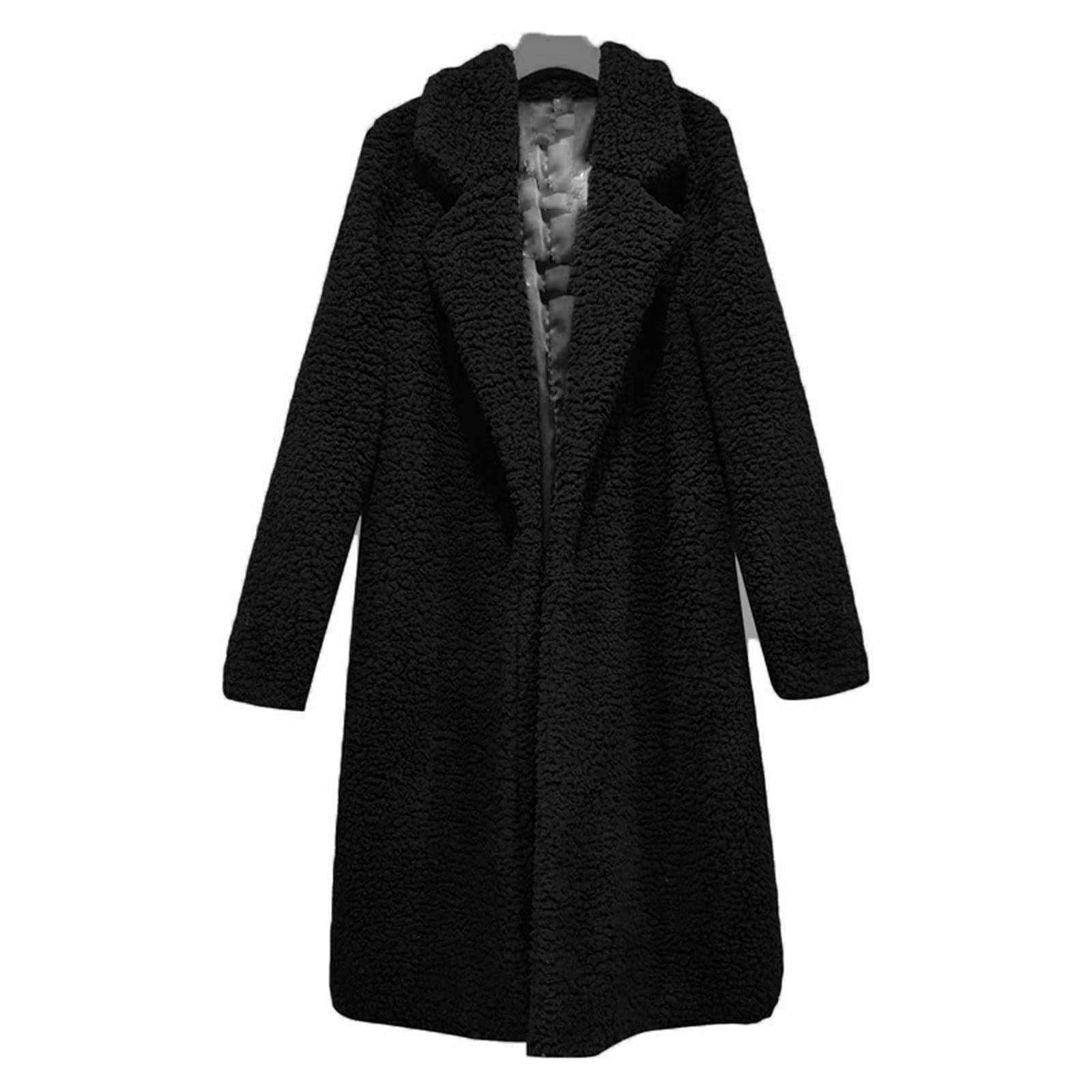 Schwarzer Damen-Teddy-Mantel, lang, mit Reverskragen, warmes Winterdesign, modisch und elegant, ideal für kalte Tage.