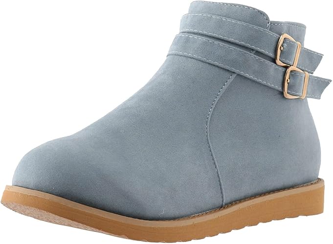 Damen-Stiefelette in Hellblau mit doppelten Schnallen, rutschfester Sohle und modernem Design. Perfekt für Herbstmode und bequemen Alltagsstil.